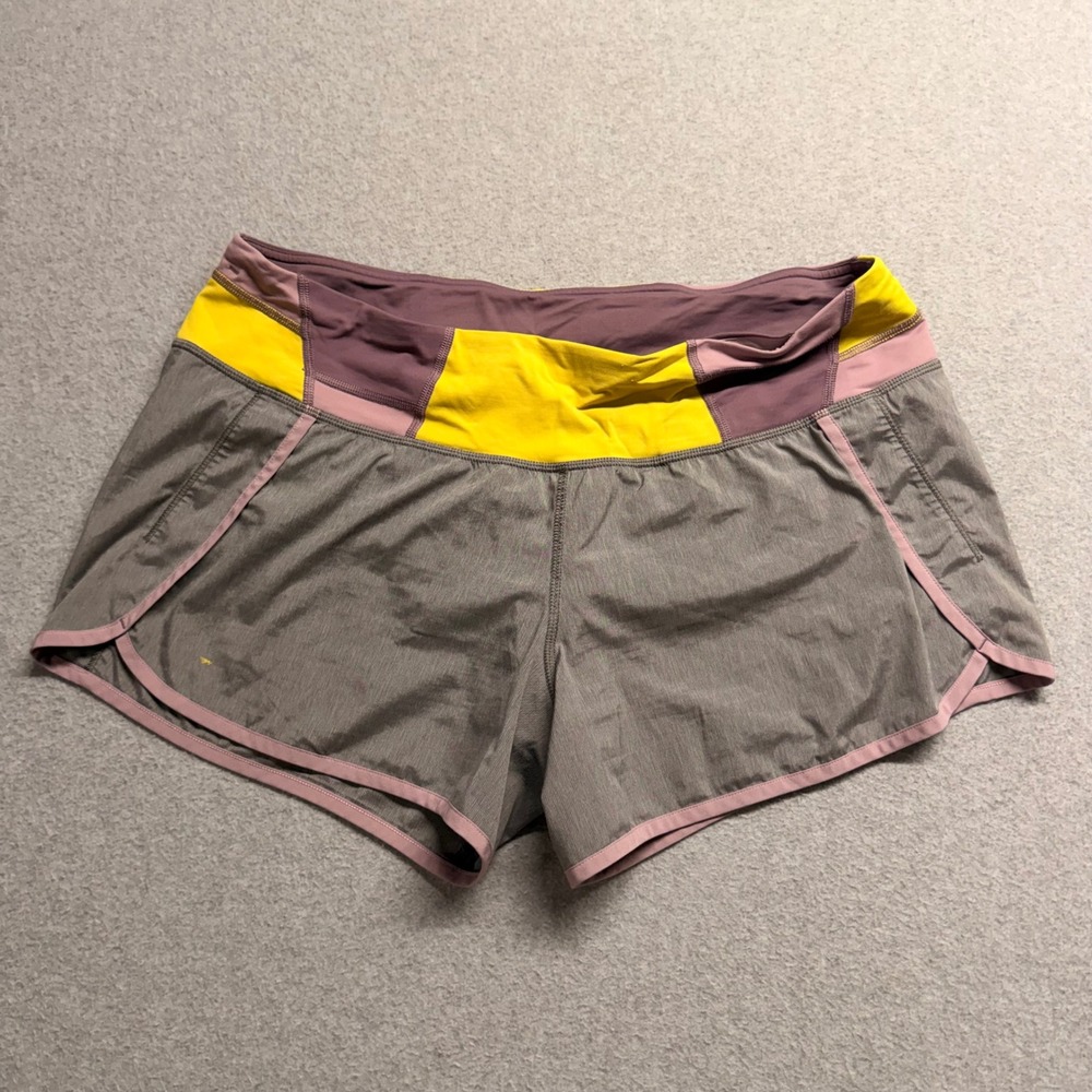 Lululemon Run Speed Shorts Grey Yellow Purple Colorblock Size 10 Athletic Run